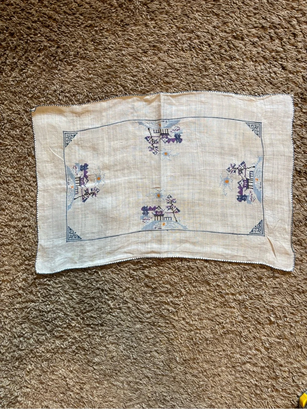 Embroidered Linen Placemat - Cream with Purple Design